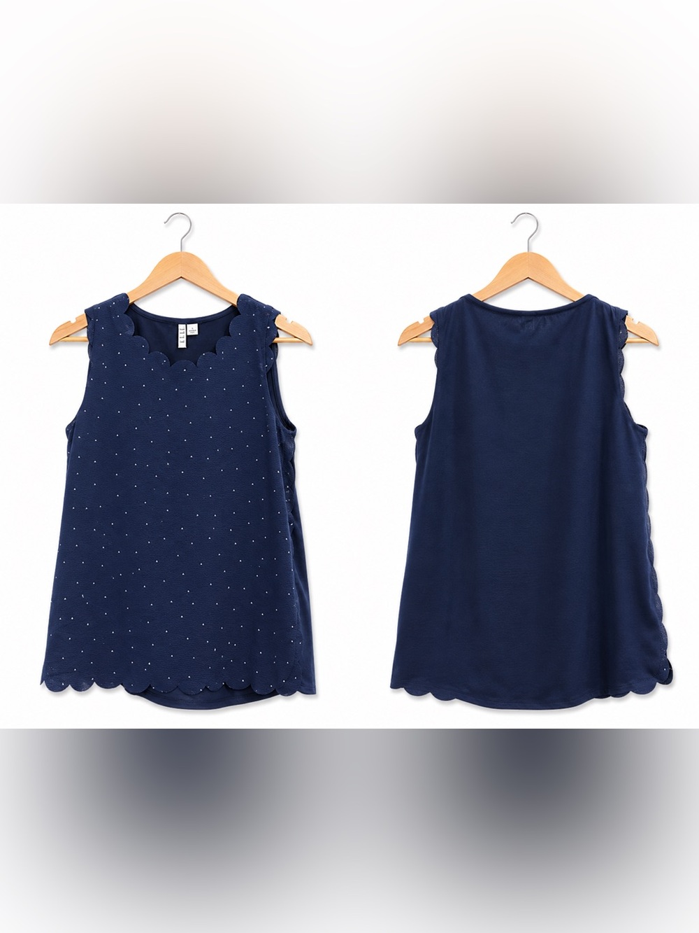 Women’s Elle Navy Scallop Trim Sleeveless Blouse Medium Polka Dot Tank Top